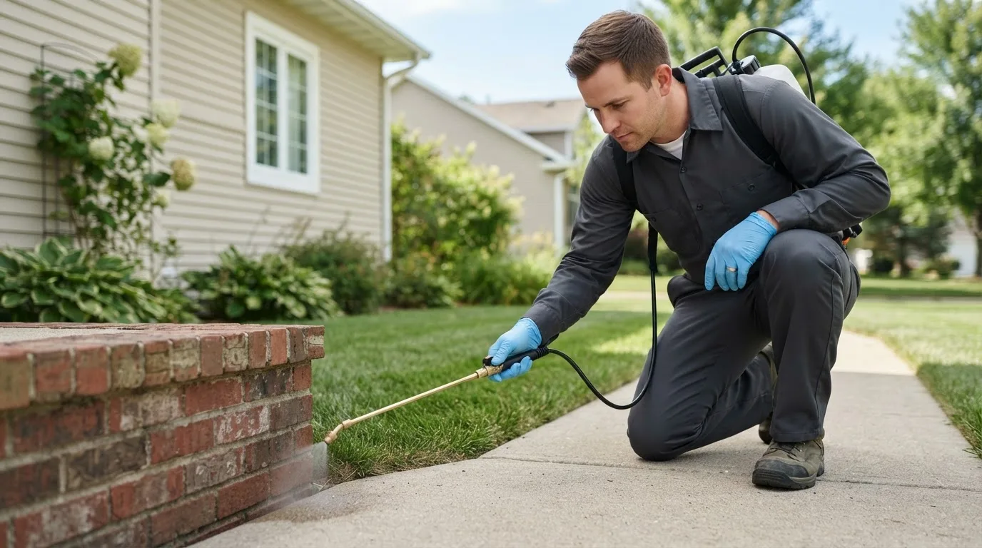 Pest control technician treating a home near Hansboro, ND