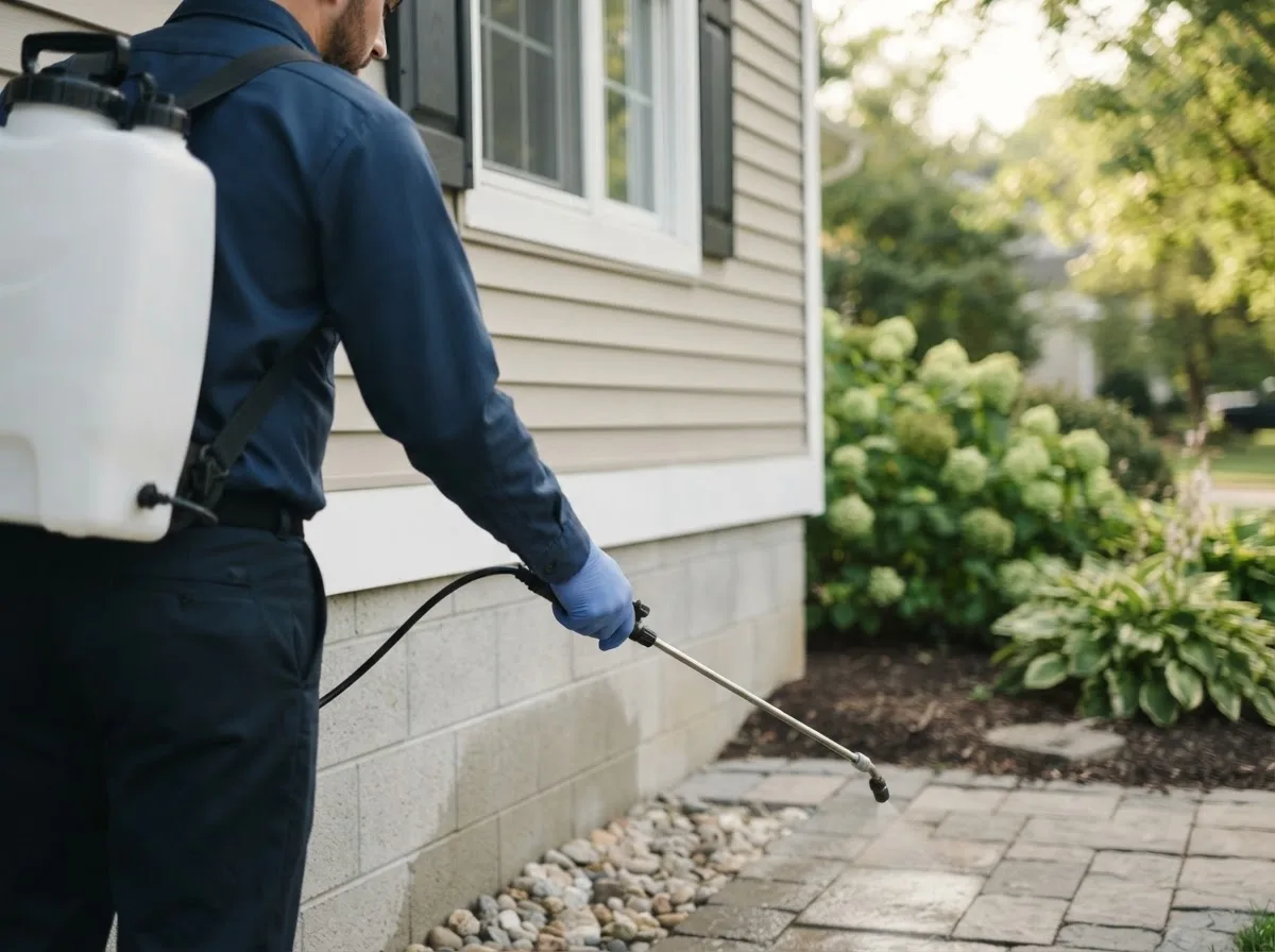 Pest control technician inspecting a home in Hansboro, ND